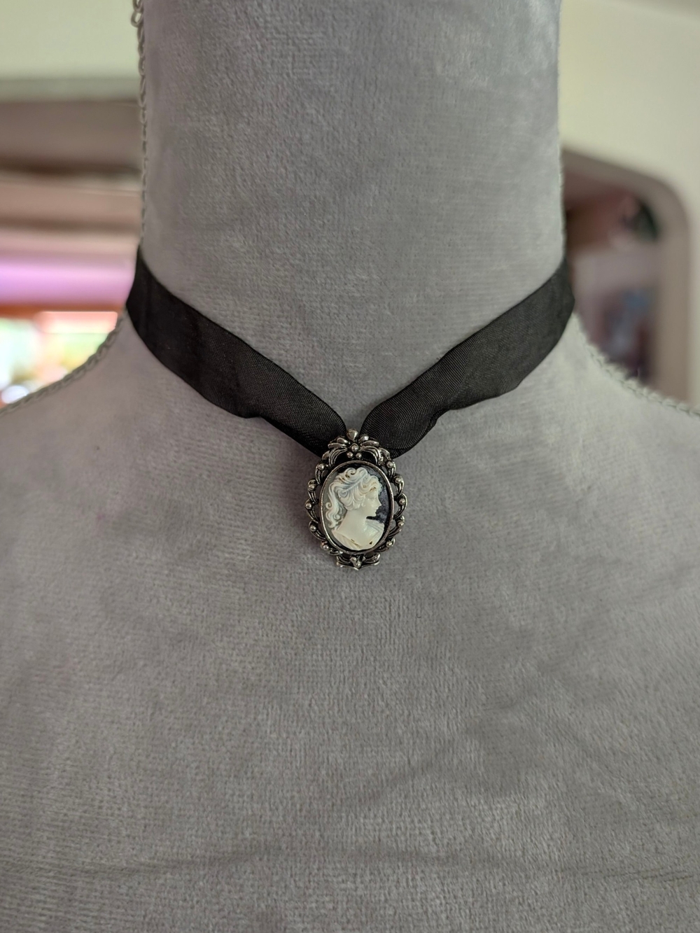Vintage-Inspired Black Ribbon Cameo Choker Necklace